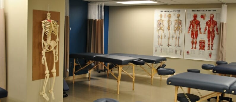 A massage classroom with massage tables, charts and learning aids.