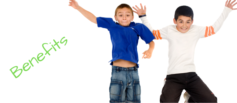 Two kids are shown mid-jump with silly expressions on their face. Next to them is the word "Benefits"