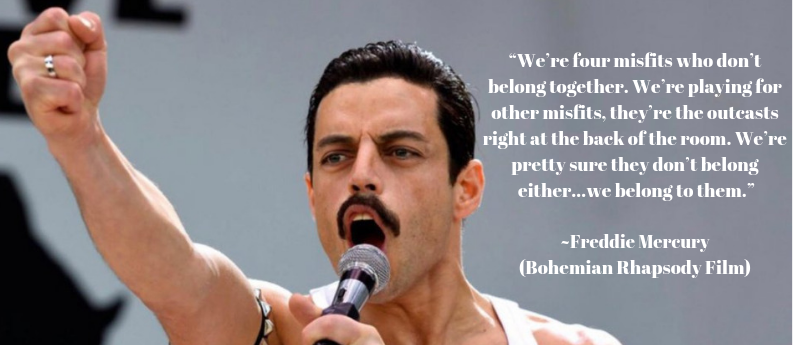 A picture of Freddie Mercury with his arm raised and a quote overlaid. Focus on Finding Acceptance at AMBI.