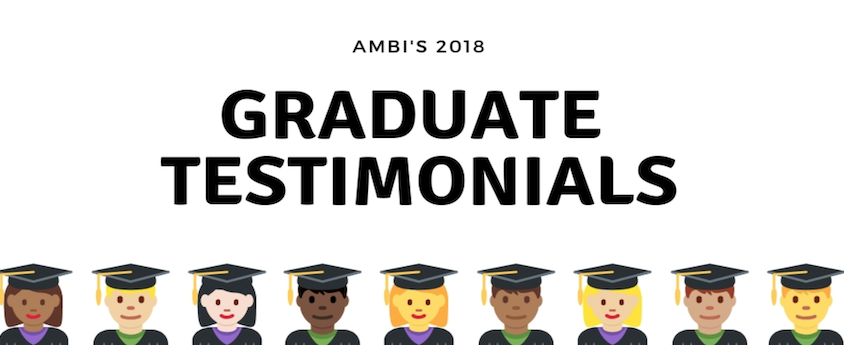 AMBI's 2018 Graduate Testimonials text with animated graduates underneath. For Massage Therapy treatments call AMBI.